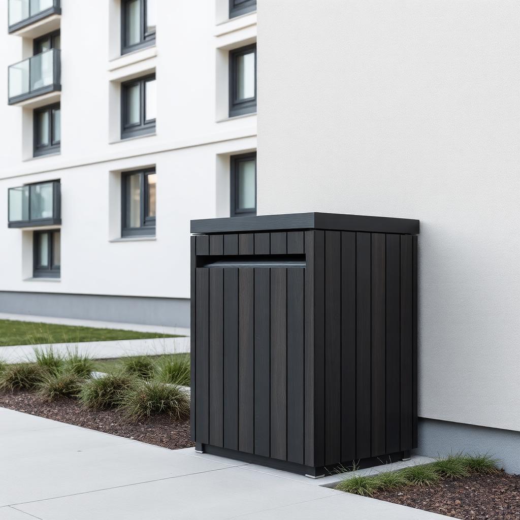 Bin enclosure with composite-clad front in residential courtyard